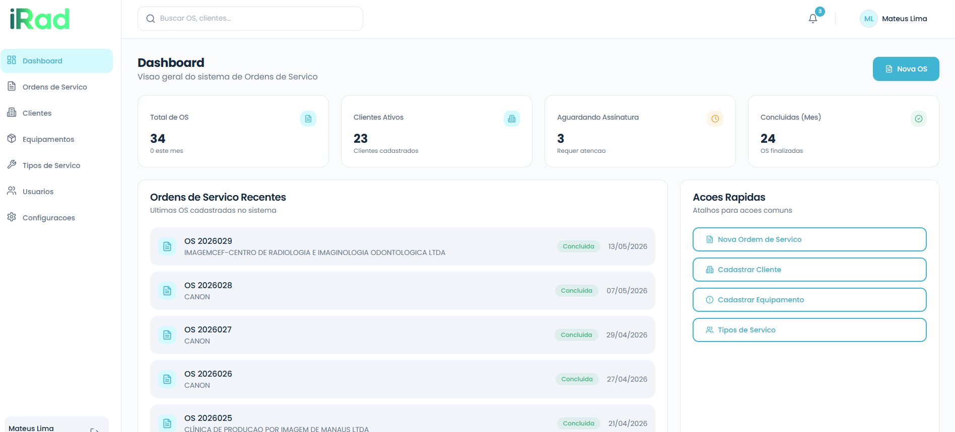 iRad OS — dashboard de ordens de serviço